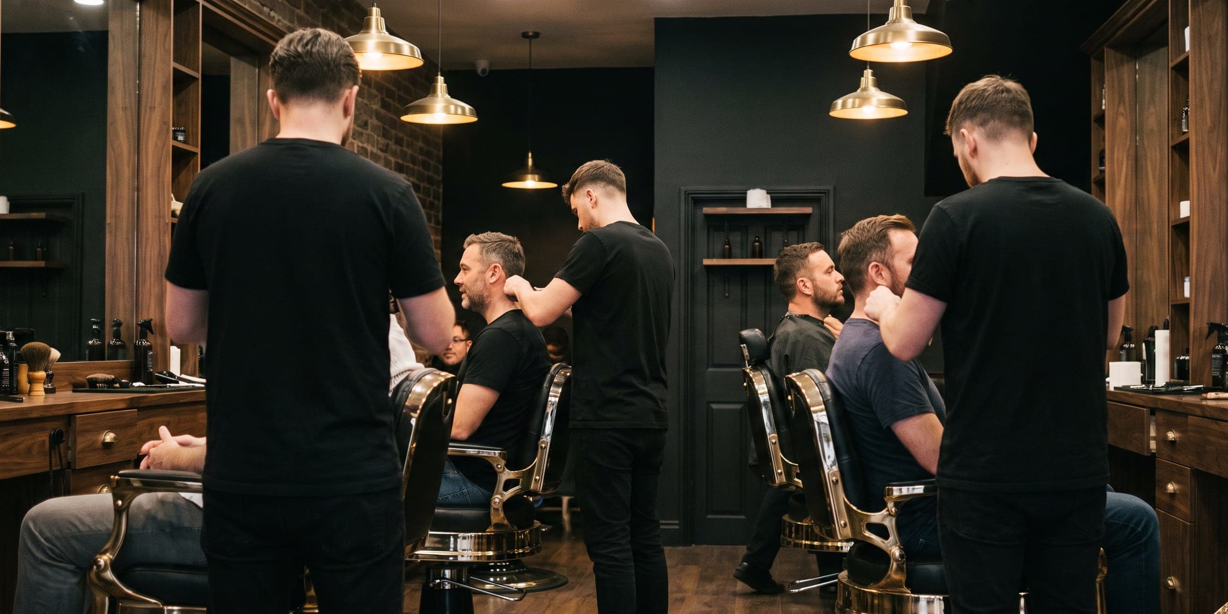 Three barbers at work side by side on a busy Saturday.