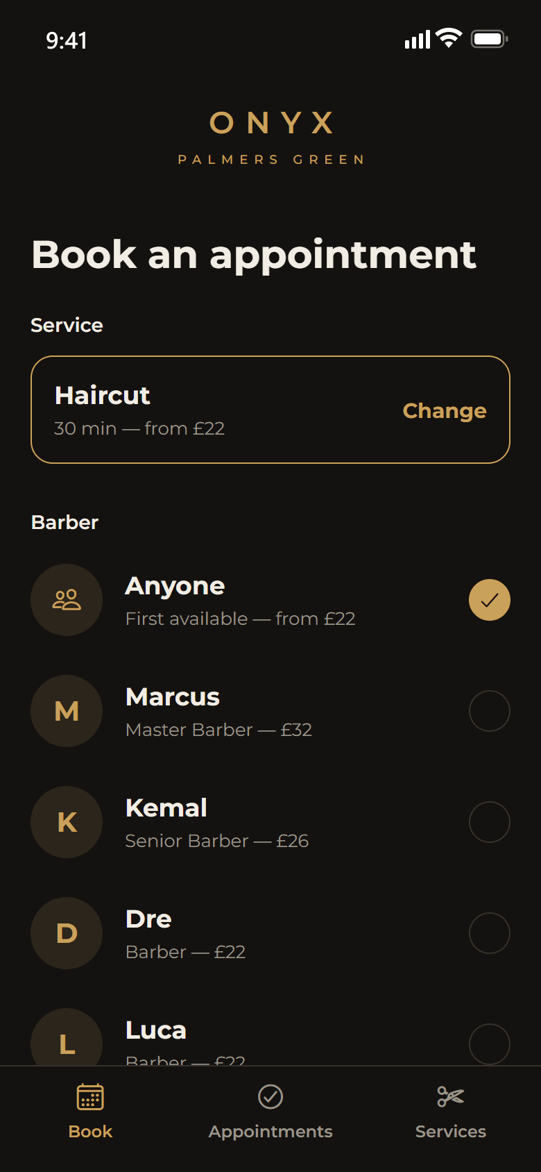 Booking screen: choose a barber, a day and a time