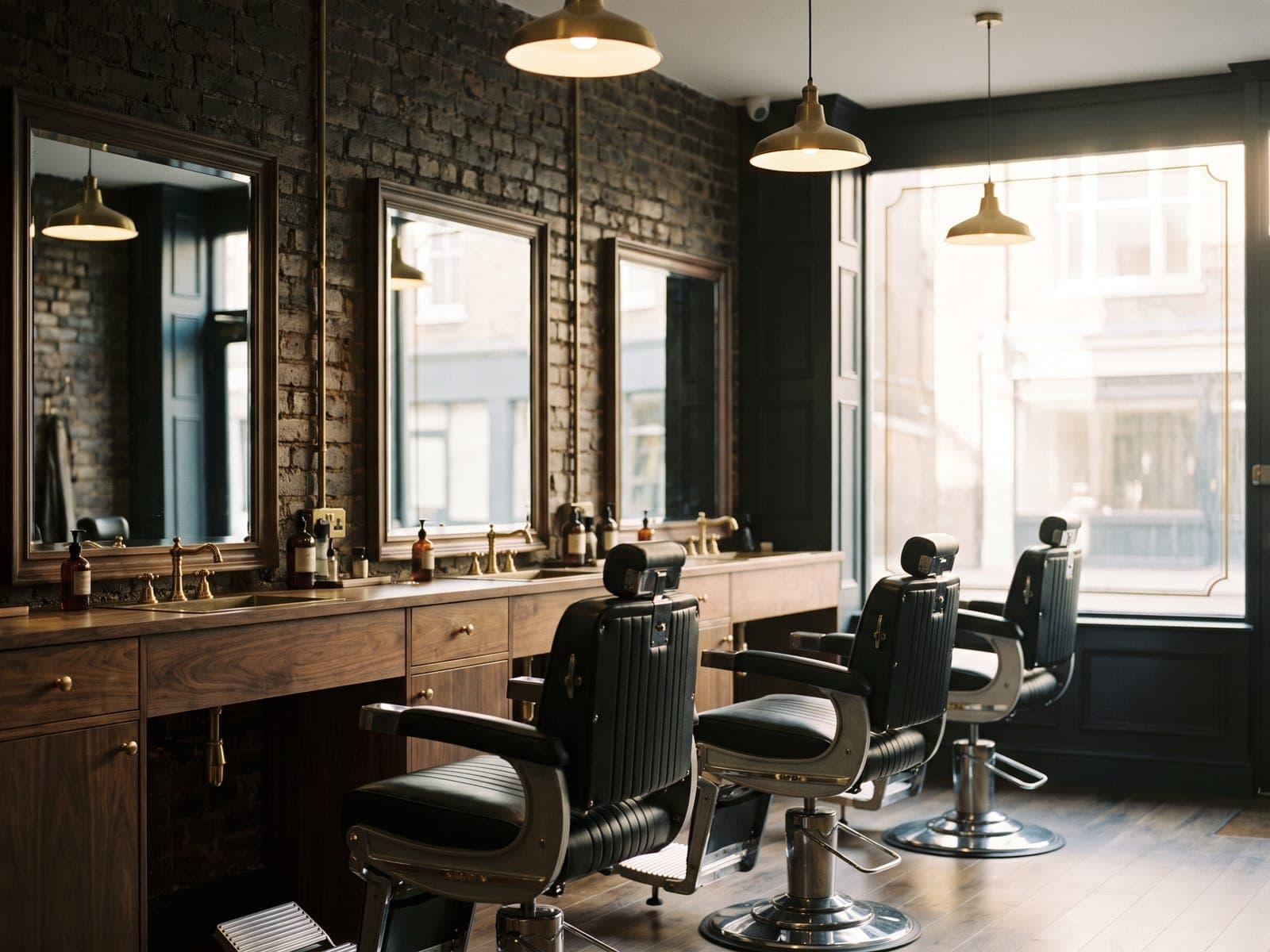 Inside the shop: three black leather barber chairs facing a row of mirrors