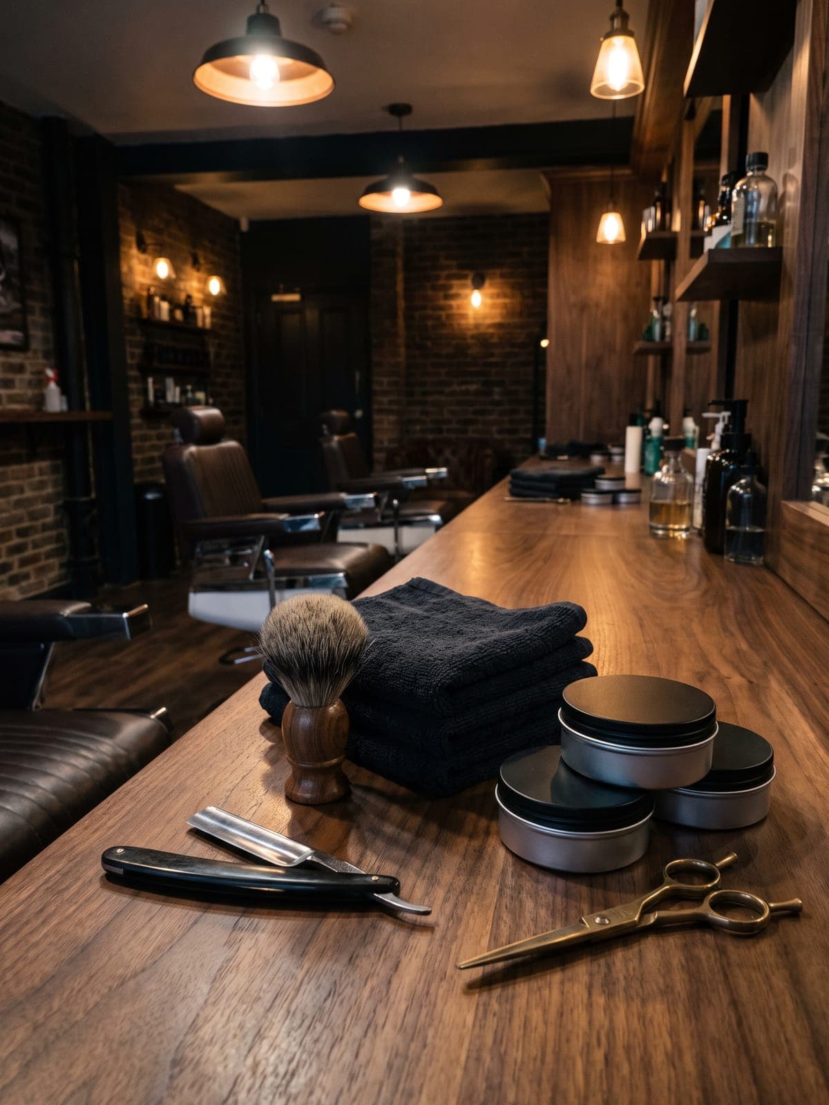 A straight razor, a shaving brush and folded black towels on a walnut counter.